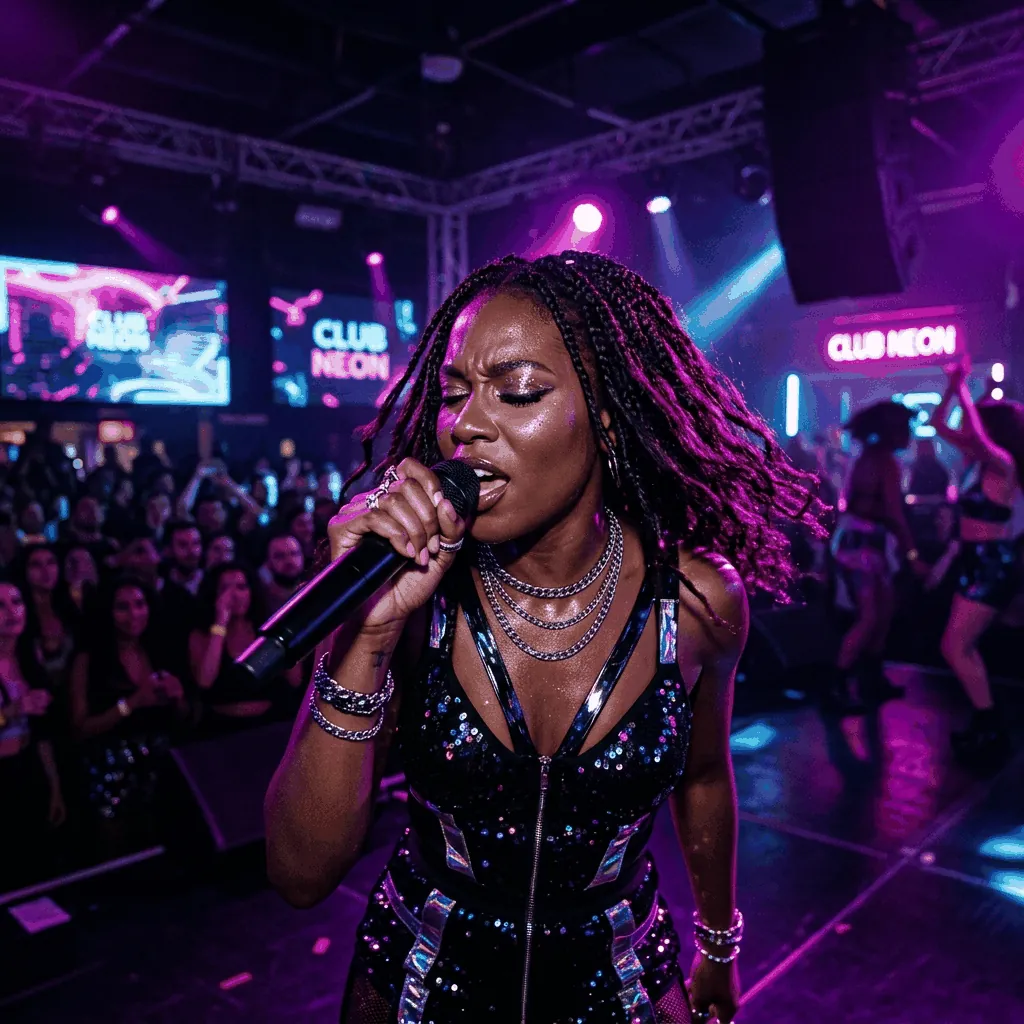 Henna C performing under neon lights